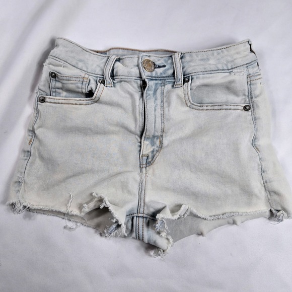 American Eagle Denim Shorts Super Hi-Rise Shortie Distressed Light Wash Sz 2 Y2K - Picture 1 of 11